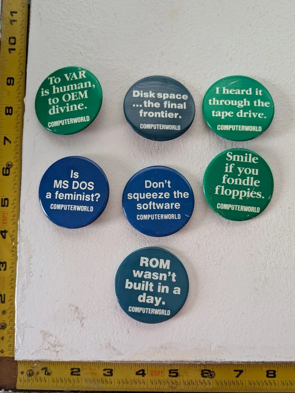 Vintage Computerworld Computer Humor Pinback Button Lot of 7 | MS-DOS ROM Floppi